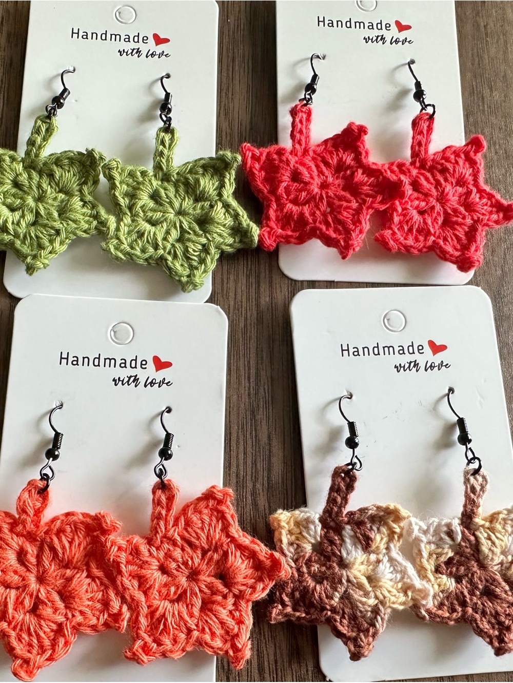 Handmade Crochet Leaf Earrings - Green, Coral, Red, Brown Options